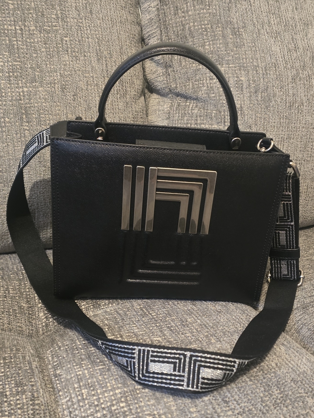 Karl Lagerfeld Black Crossbody with Geometric Silver Plaque and Patterned Strap
